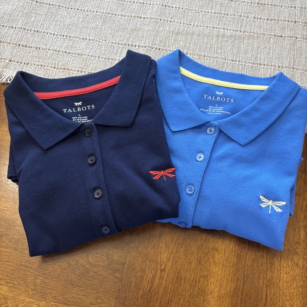 Talbotts Set Of Two Dragon Fly Embroidered Polo Shirts Large Womens